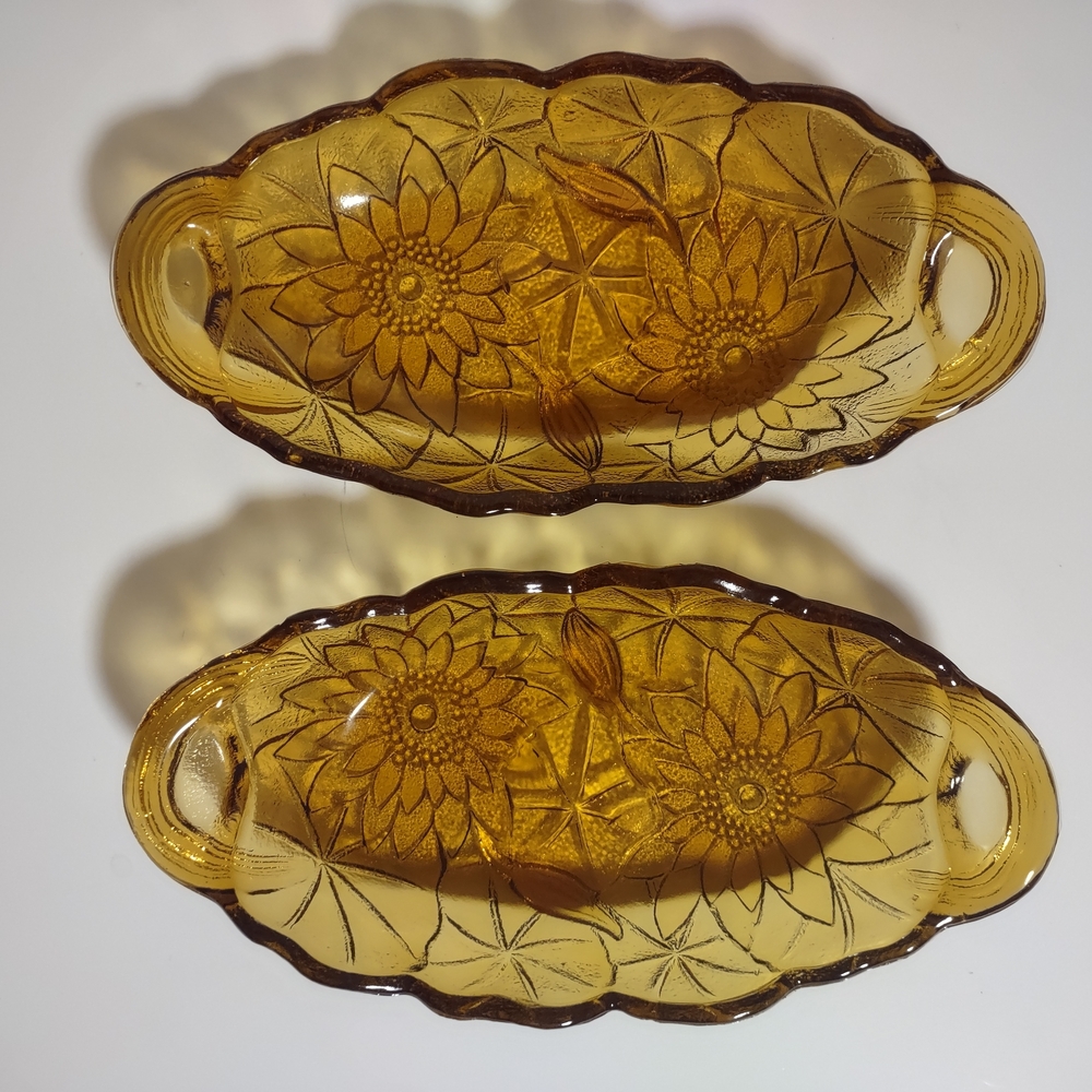 2 Vintage CARNIVAL GLASS Amber Gold Sunflower Oval Candy Nut Relish Bowls Dishs